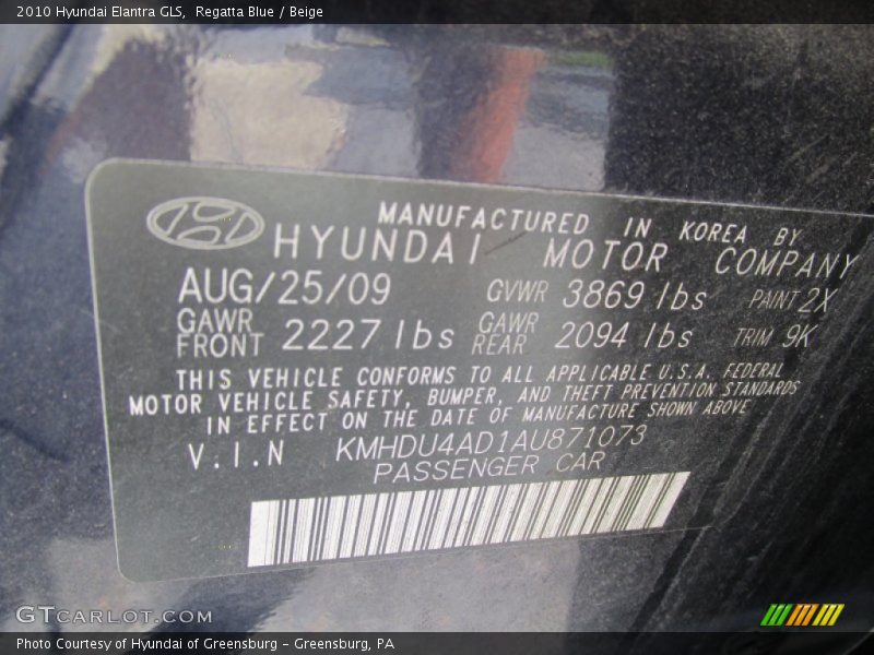 Regatta Blue / Beige 2010 Hyundai Elantra GLS