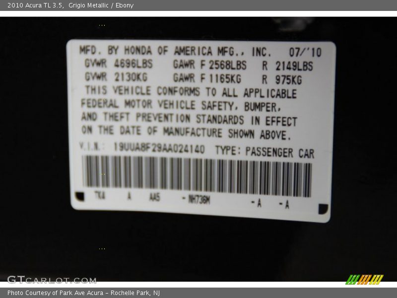 2010 TL 3.5 Grigio Metallic Color Code NH736M