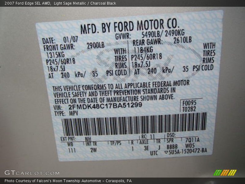 Light Sage Metallic / Charcoal Black 2007 Ford Edge SEL AWD