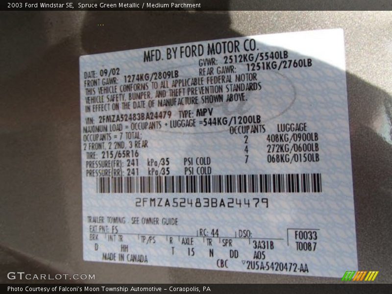 Spruce Green Metallic / Medium Parchment 2003 Ford Windstar SE