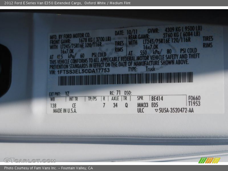 Oxford White / Medium Flint 2012 Ford E Series Van E350 Extended Cargo