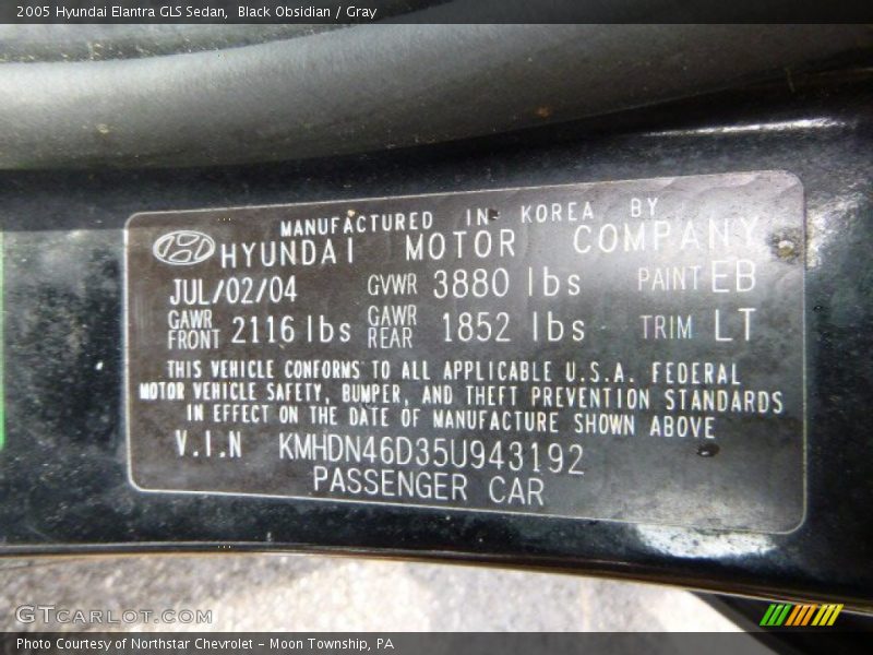 Black Obsidian / Gray 2005 Hyundai Elantra GLS Sedan