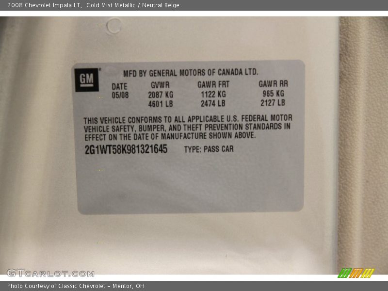 Gold Mist Metallic / Neutral Beige 2008 Chevrolet Impala LT