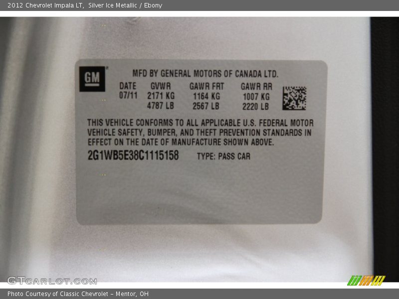 Silver Ice Metallic / Ebony 2012 Chevrolet Impala LT