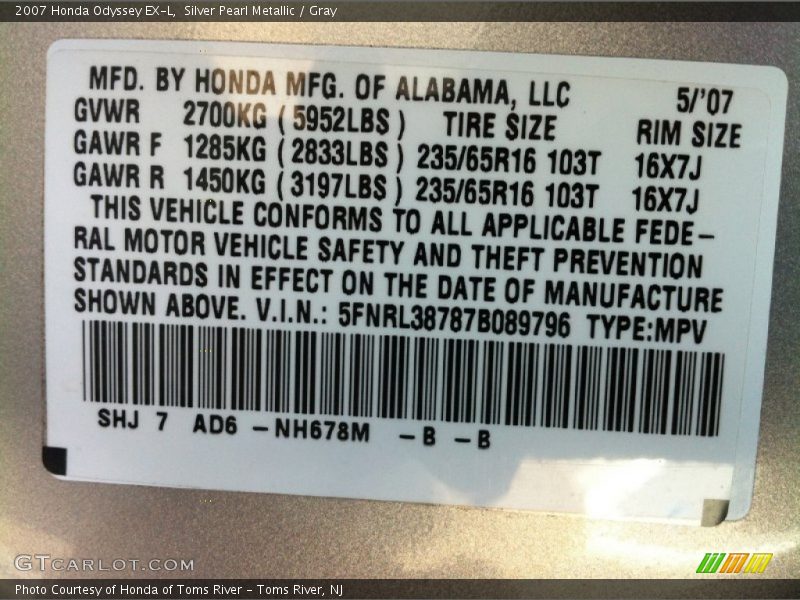 Silver Pearl Metallic / Gray 2007 Honda Odyssey EX-L