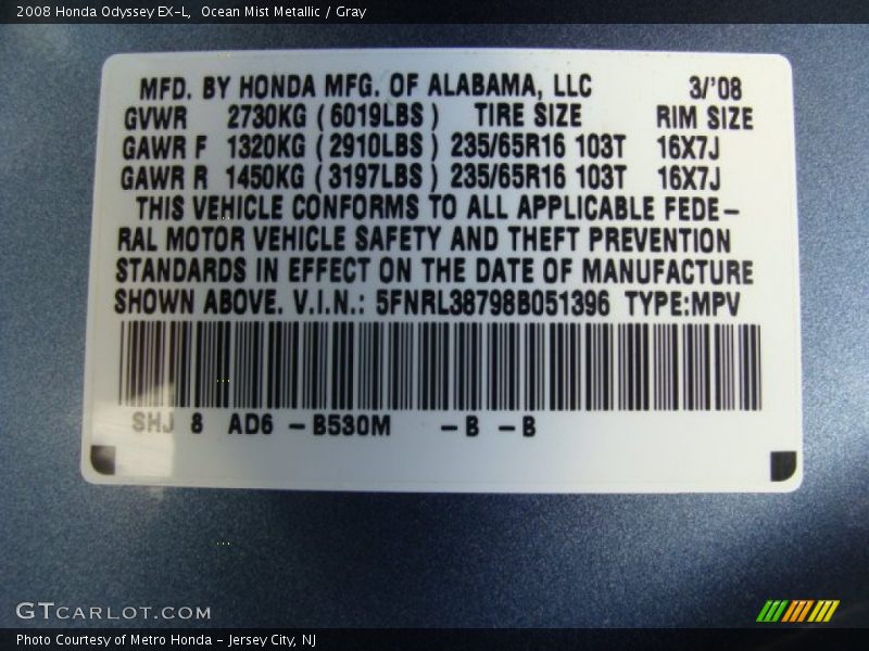 Ocean Mist Metallic / Gray 2008 Honda Odyssey EX-L