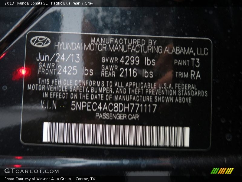 Pacific Blue Pearl / Gray 2013 Hyundai Sonata SE