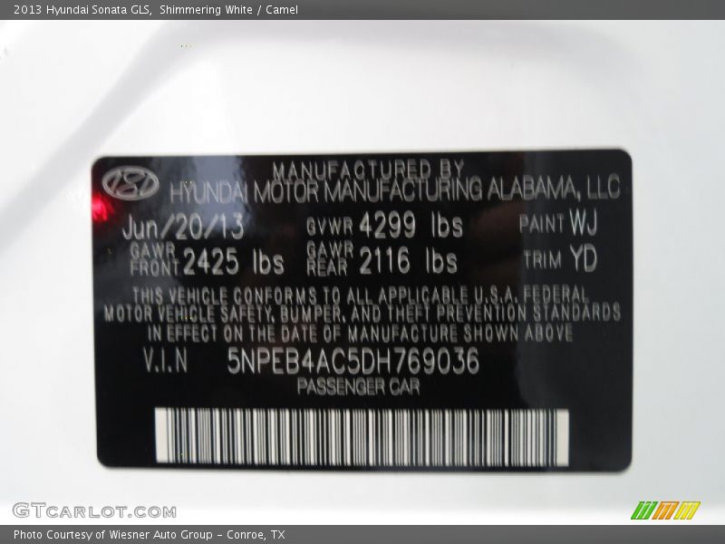 Shimmering White / Camel 2013 Hyundai Sonata GLS