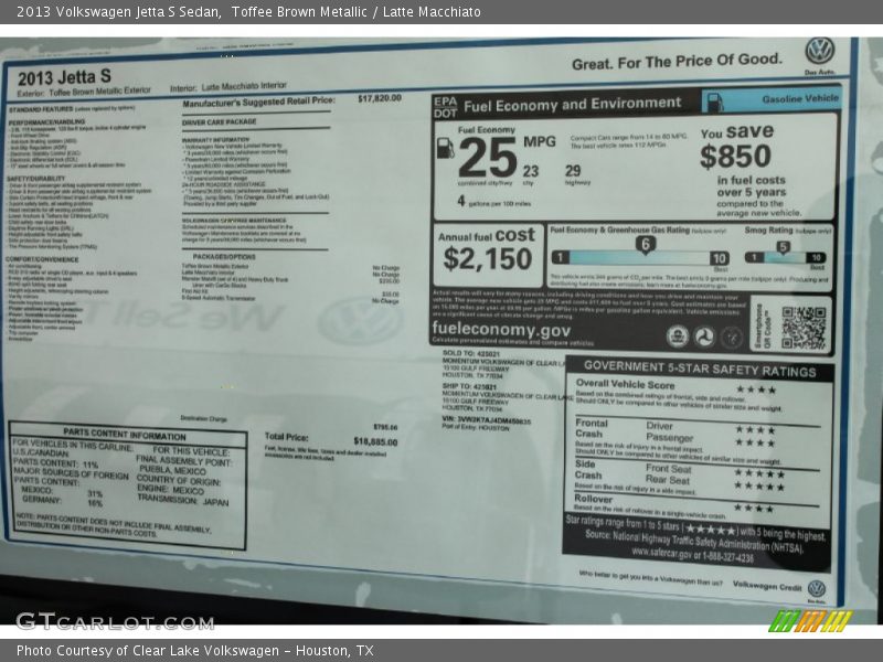 Toffee Brown Metallic / Latte Macchiato 2013 Volkswagen Jetta S Sedan