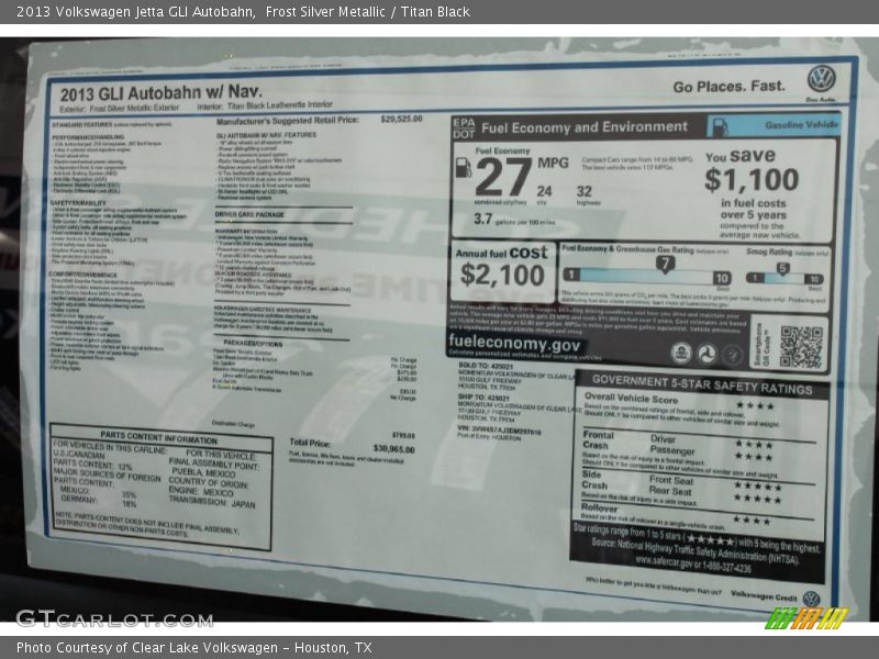  2013 Jetta GLI Autobahn Window Sticker