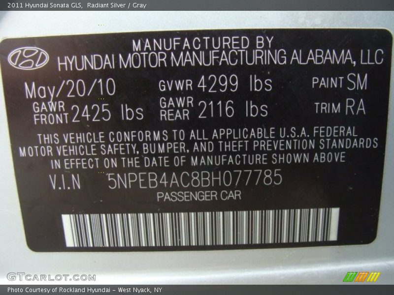 Radiant Silver / Gray 2011 Hyundai Sonata GLS
