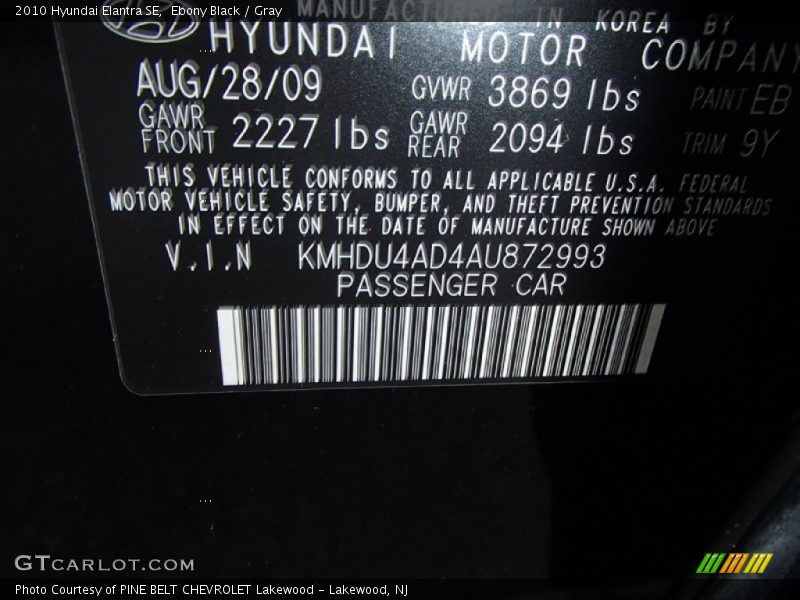 Ebony Black / Gray 2010 Hyundai Elantra SE