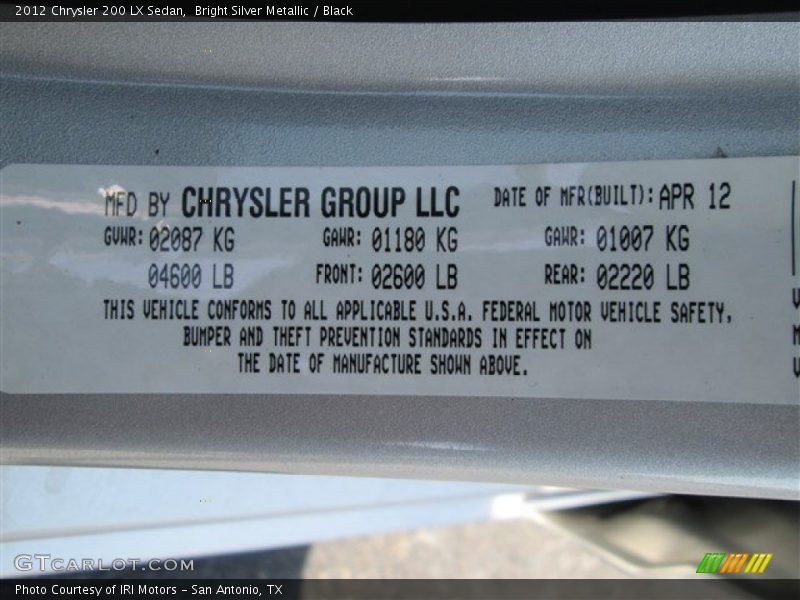 Bright Silver Metallic / Black 2012 Chrysler 200 LX Sedan