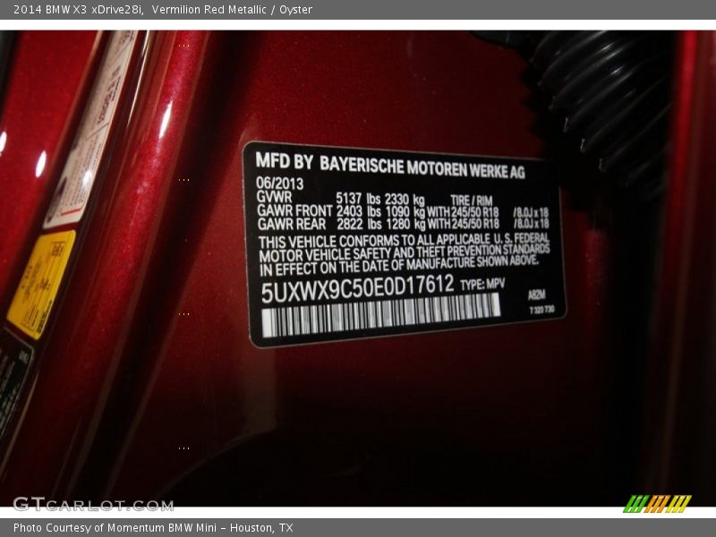 2014 X3 xDrive28i Vermilion Red Metallic Color Code A82