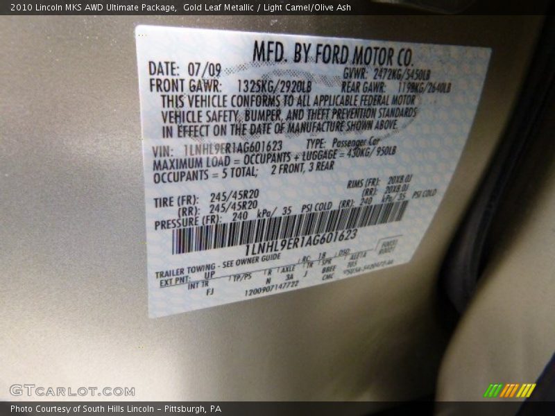 Gold Leaf Metallic / Light Camel/Olive Ash 2010 Lincoln MKS AWD Ultimate Package