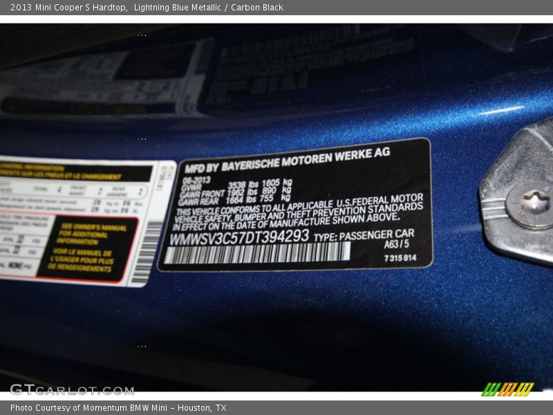 Lightning Blue Metallic / Carbon Black 2013 Mini Cooper S Hardtop