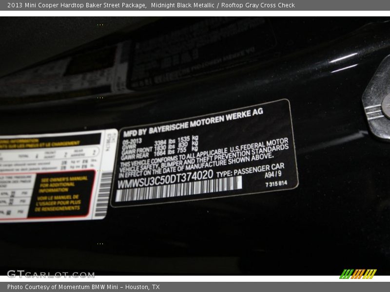 Midnight Black Metallic / Rooftop Gray Cross Check 2013 Mini Cooper Hardtop Baker Street Package