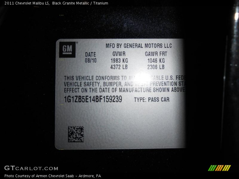 Black Granite Metallic / Titanium 2011 Chevrolet Malibu LS