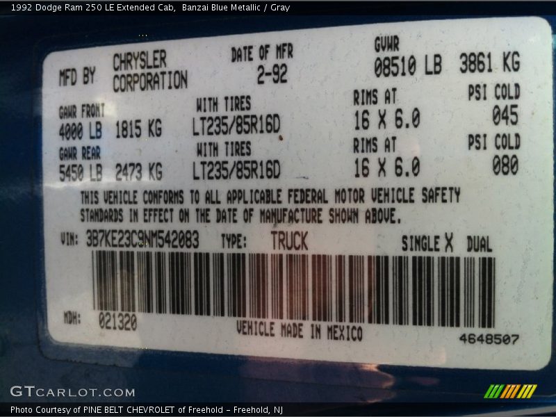 Info Tag of 1992 Ram 250 LE Extended Cab