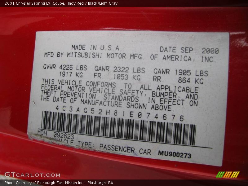 Indy Red / Black/Light Gray 2001 Chrysler Sebring LXi Coupe
