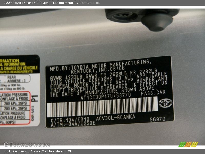 Titanium Metallic / Dark Charcoal 2007 Toyota Solara SE Coupe