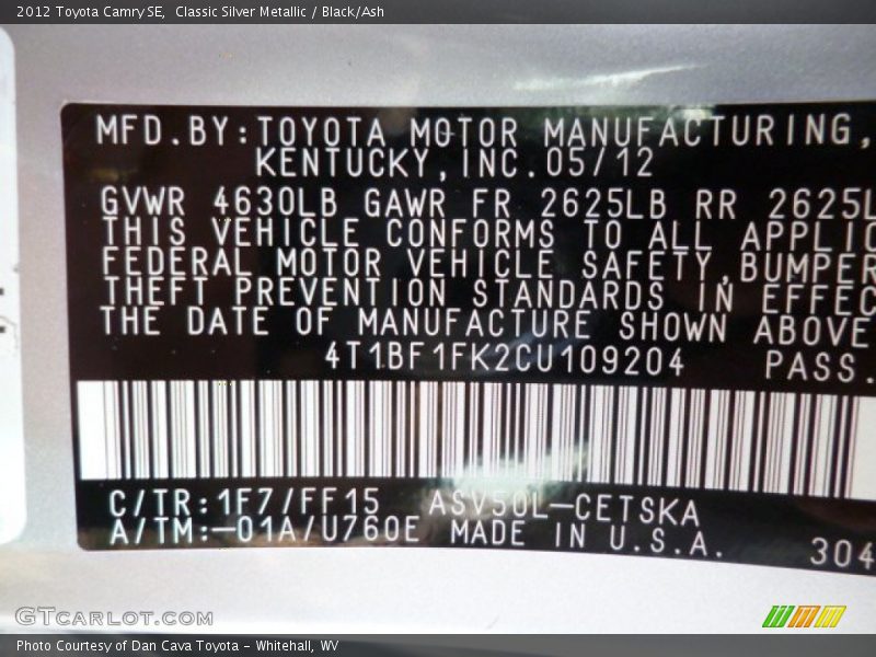 Classic Silver Metallic / Black/Ash 2012 Toyota Camry SE