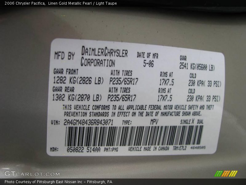 Linen Gold Metallic Pearl / Light Taupe 2006 Chrysler Pacifica