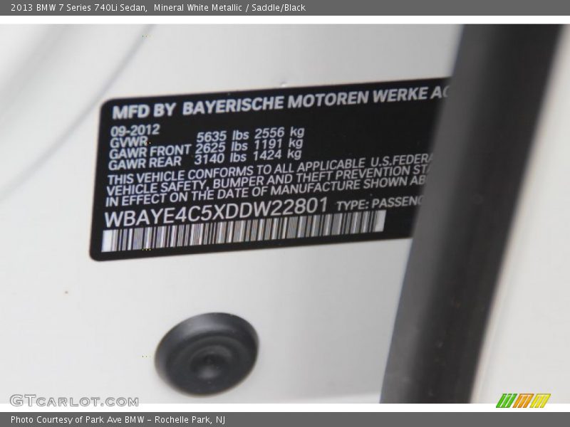 Mineral White Metallic / Saddle/Black 2013 BMW 7 Series 740Li Sedan