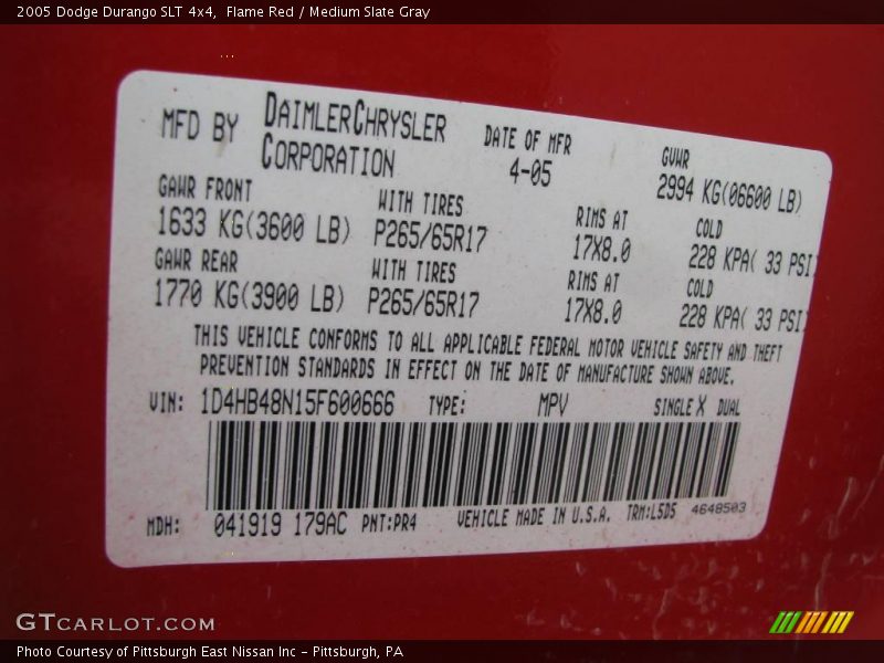 Flame Red / Medium Slate Gray 2005 Dodge Durango SLT 4x4