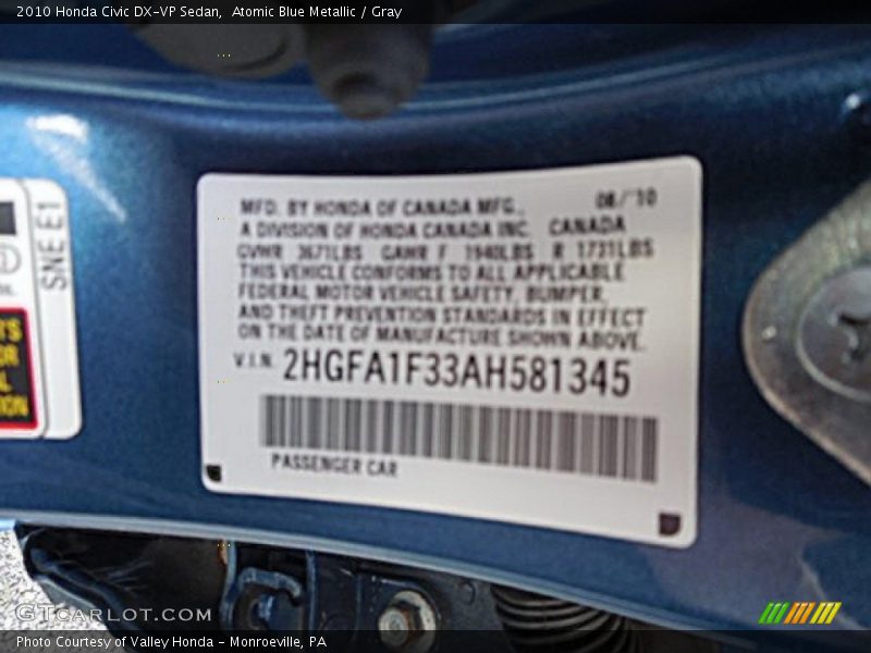 Atomic Blue Metallic / Gray 2010 Honda Civic DX-VP Sedan