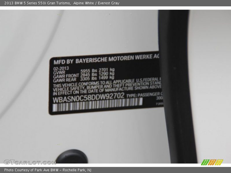 2013 5 Series 550i Gran Turismo Alpine White Color Code 300