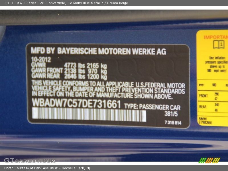 2013 3 Series 328i Convertible Le Mans Blue Metallic Color Code 381