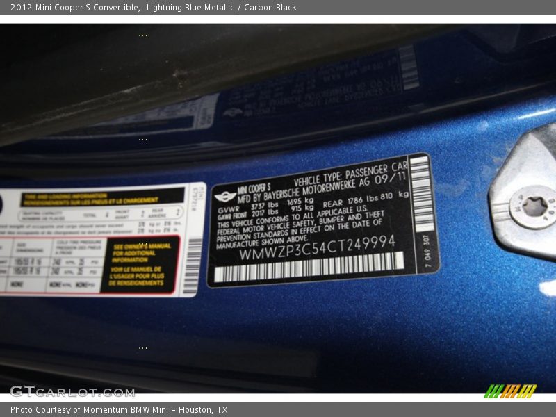 Lightning Blue Metallic / Carbon Black 2012 Mini Cooper S Convertible