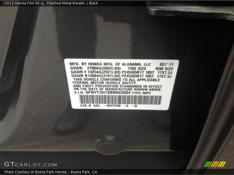 Polished Metal Metallic / Black 2011 Honda Pilot EX-L