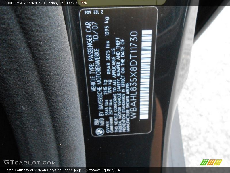 Jet Black / Black 2008 BMW 7 Series 750i Sedan