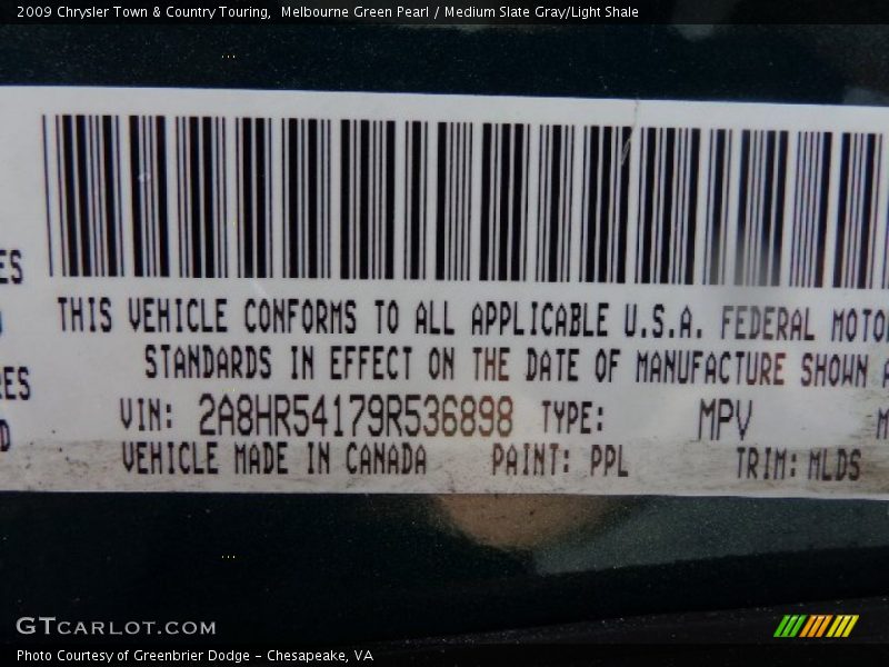 Melbourne Green Pearl / Medium Slate Gray/Light Shale 2009 Chrysler Town & Country Touring