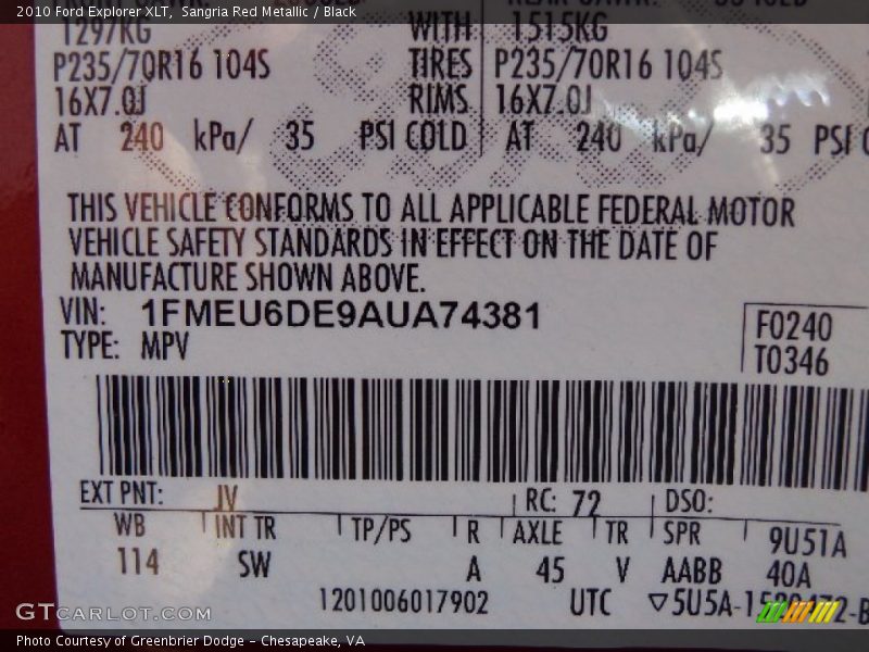 Sangria Red Metallic / Black 2010 Ford Explorer XLT