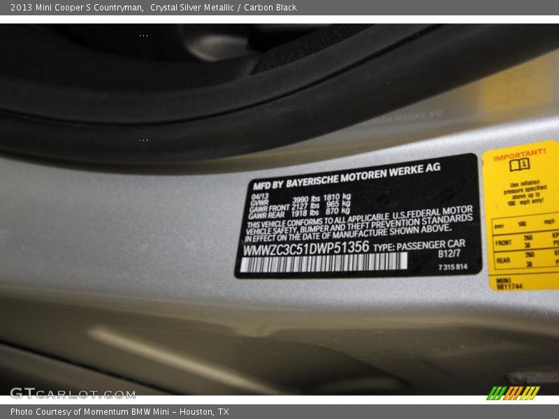 Crystal Silver Metallic / Carbon Black 2013 Mini Cooper S Countryman