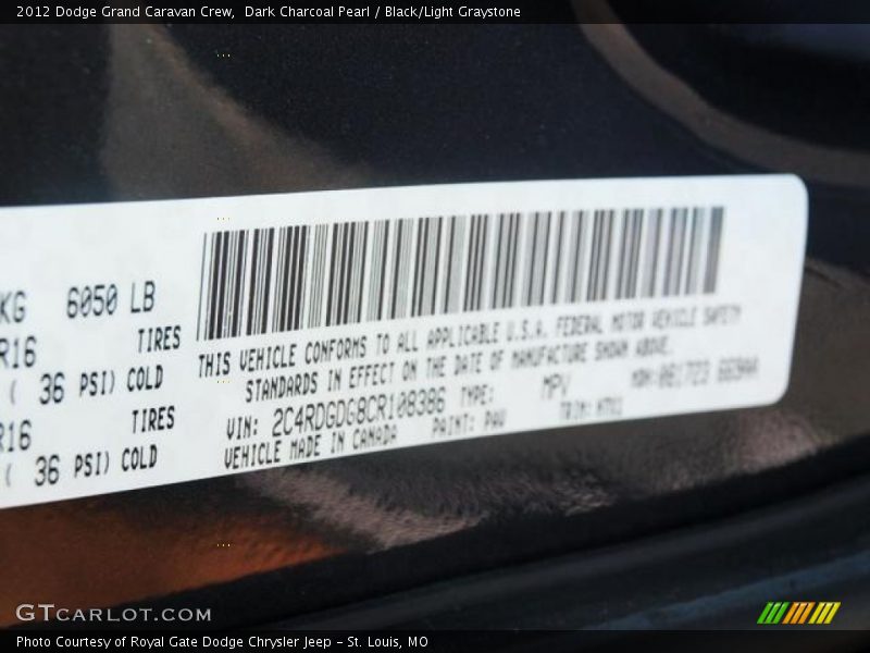 Dark Charcoal Pearl / Black/Light Graystone 2012 Dodge Grand Caravan Crew