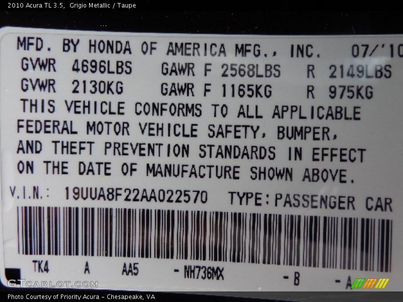 Grigio Metallic / Taupe 2010 Acura TL 3.5