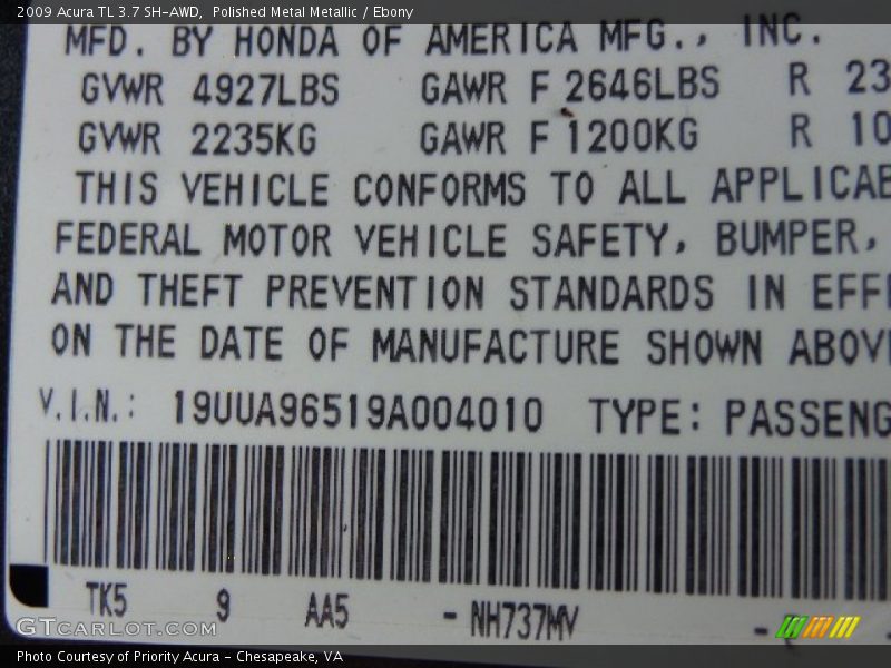 Polished Metal Metallic / Ebony 2009 Acura TL 3.7 SH-AWD