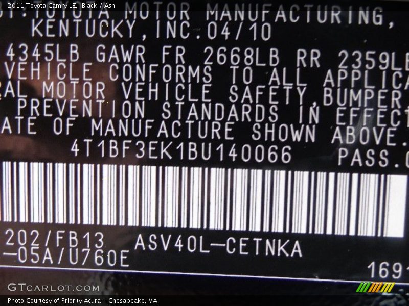 Black / Ash 2011 Toyota Camry LE