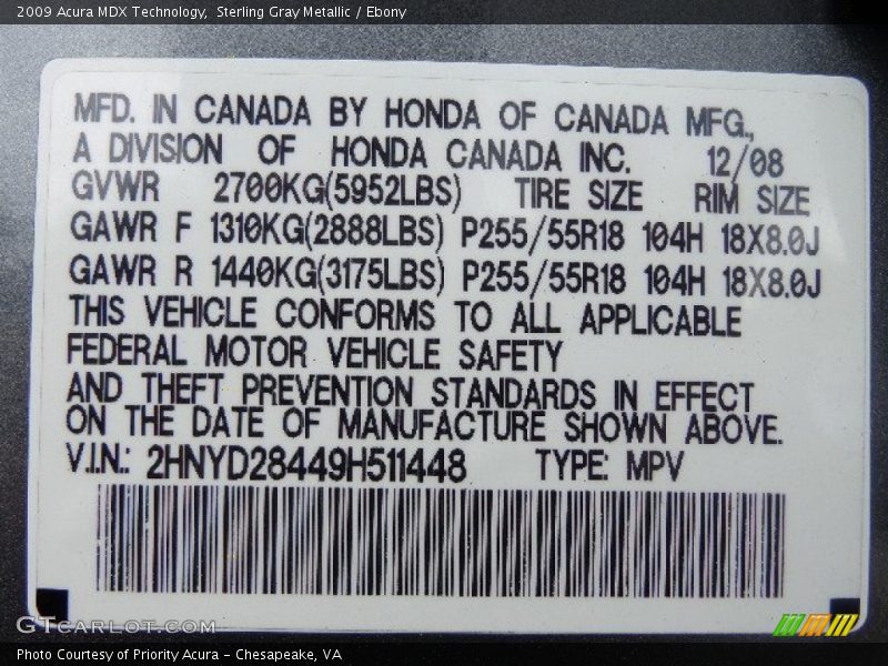 Sterling Gray Metallic / Ebony 2009 Acura MDX Technology