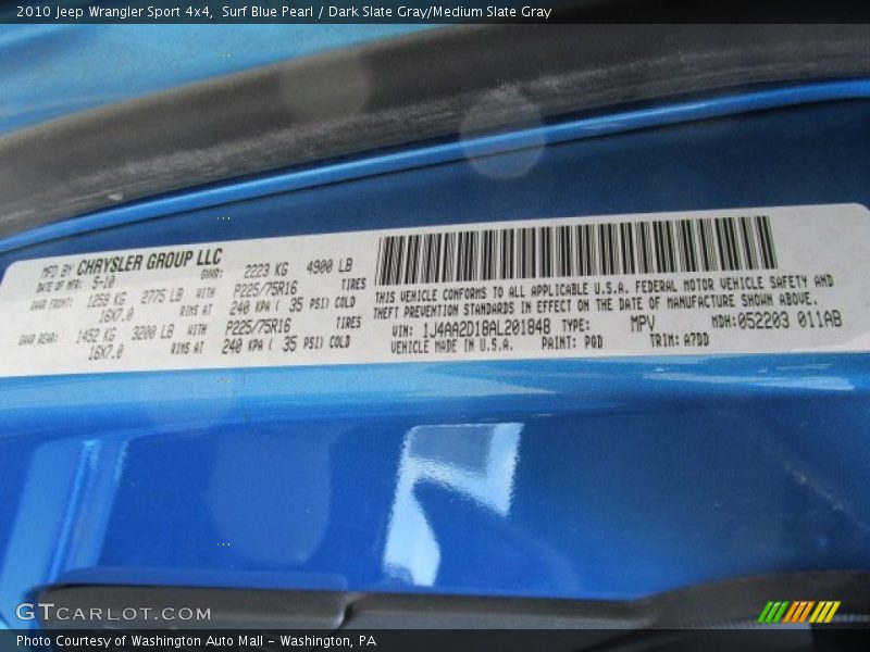 Surf Blue Pearl / Dark Slate Gray/Medium Slate Gray 2010 Jeep Wrangler Sport 4x4