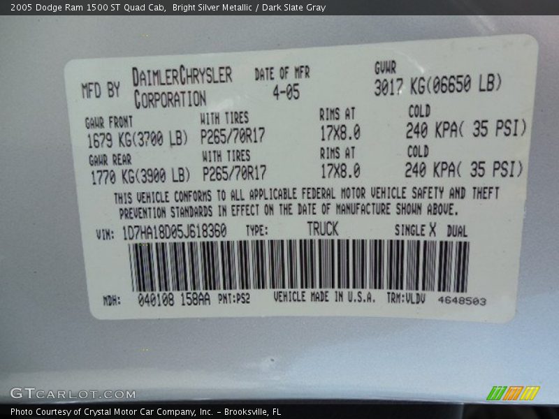 Bright Silver Metallic / Dark Slate Gray 2005 Dodge Ram 1500 ST Quad Cab