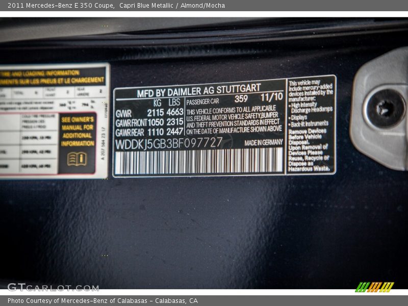 Capri Blue Metallic / Almond/Mocha 2011 Mercedes-Benz E 350 Coupe