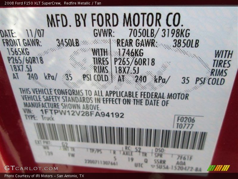 Redfire Metallic / Tan 2008 Ford F150 XLT SuperCrew