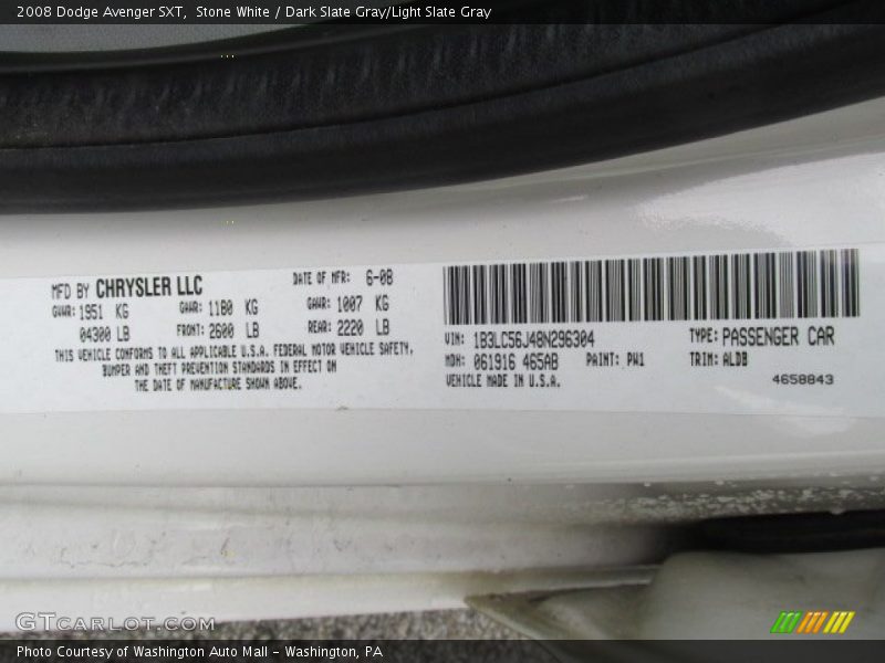 Stone White / Dark Slate Gray/Light Slate Gray 2008 Dodge Avenger SXT