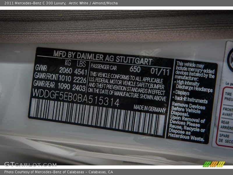 2011 C 300 Luxury Arctic White Color Code 650