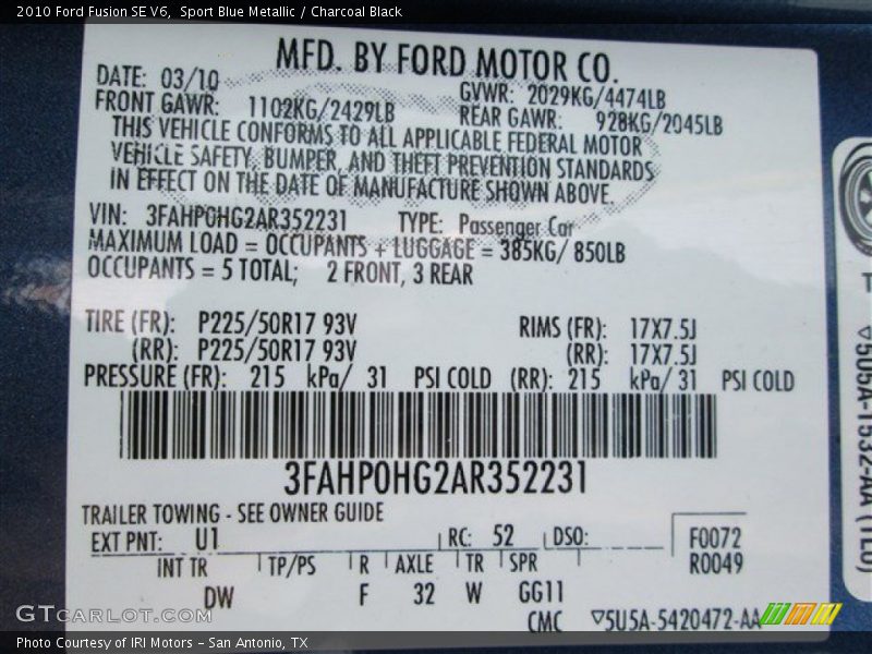 Sport Blue Metallic / Charcoal Black 2010 Ford Fusion SE V6
